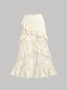 SHEIN MOD Váy ren trang trí nhiều lớp xếp nếp lãng mạn thanh lịch cỡ lớn màu mơ - Màu be - Xem 1