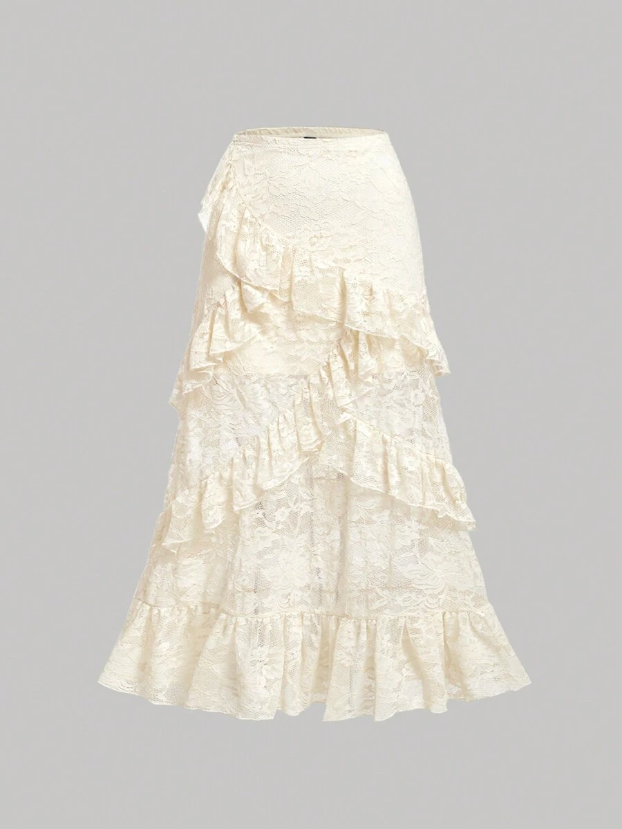 SHEIN MOD Váy ren trang trí nhiều lớp xếp nếp lãng mạn thanh lịch cỡ lớn màu mơ - Màu be - Xem 1