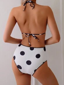Swim Mod 女士波尔卡圆点印花高腰前系带抹胸比基尼套装夏季 - 黑與白 - 查看 2
