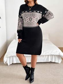 SHEIN LUNE 大码雪花几何图案提花落肩毛衣连衣裙商务休闲女士、度假装、乡村上衣