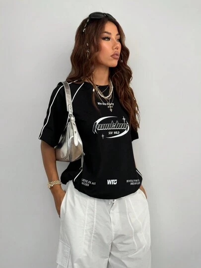 Coolane Women's Street-Style Y2K Cool Event Letter Printed Color-Blocked Short Sleeve Black T-Shirt