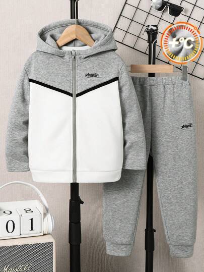 SHEIN 2pcs Young Boys' Casual Collegiate Style Comfortable And Stylish Versatile Soft And Thick English Graphic Fleece Zip-Up Hoodie And Sweatpants Set, Suitable For Young Boy Back-To-School, Daily Wear, Outdoor And Sports In Autumn/Winter