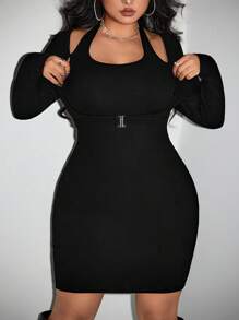 SHEIN ICON Vestido de manga larga ajustado con cierre metálico en el cuello para tallas grandes - Negro - Ver 4