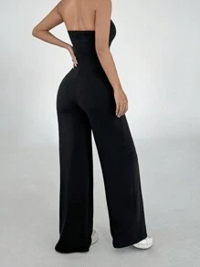 Flirla Women Solid Color Minimalist Bandeau Jumpsuit, Casual Everyday Wear - Black - View 2