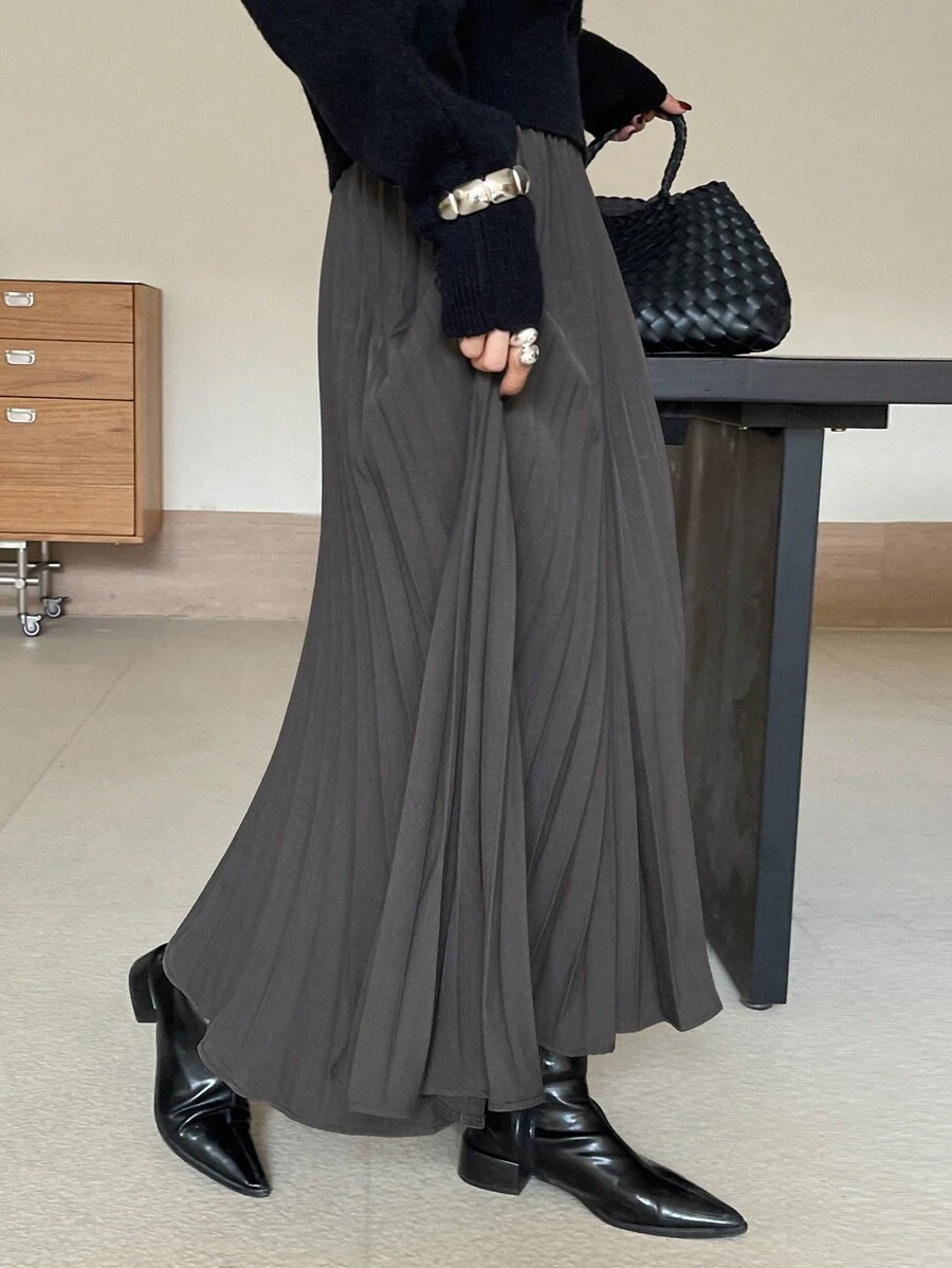 DAZY 女士休闲纯色简约A字裙，秋冬新品 - 灰色 - 查看 1