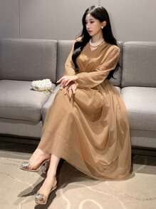 DAZY Women's Mid-Length Mesh Dress, Suitable For Spring/Fall, Parties, Valentine's Day Prom Dress Long Sleeve Dress Elegant Women Dresses - Brown - View 5