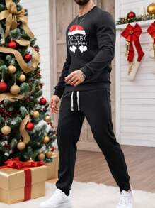 Manfinity Homme Conjunto Casual de Moletom de Gola Careca de Manga Longa e Calça de Moletom com Estampa de Slogan de Natal Masculino
