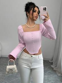 SHEIN Unity بلوزة نسائية بياقة مربعة وأكمام طويلة ضيقة باللون الوردي، متعددة الاستخدامات أنيقة فرنسية عتيقة مناسبة لوجبة الإفطار المبكرة، أنيقة لعيد الحب وعيد الميلاد ورأس السنة الجديدة - وردي - مشاهدة 1