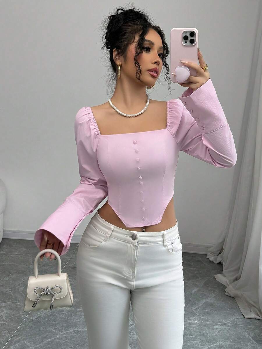 SHEIN Unity بلوزة نسائية بياقة مربعة وأكمام طويلة ضيقة باللون الوردي، متعددة الاستخدامات أنيقة فرنسية عتيقة مناسبة لوجبة الإفطار المبكرة، أنيقة لعيد الحب وعيد الميلاد ورأس السنة الجديدة - وردي - مشاهدة 1
