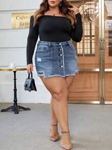 SHEIN CURVE+ Plus Size Women's Casual Pockets Fringe Hem Single-Breasted Denim Skort - Dark Wash - View 3