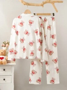 SHEIN 2pcs/Set Teen Girl Apricot Cute Bear Print Casual Loose Fit Long Pants & Long Sleeve Homewear Set - Apricot - View 2