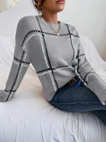 SHEIN LUNE 休闲拼色格子落肩毛衣，秋冬 - 灰色 - 查看 4