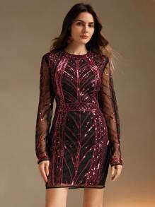 Anewsta Women's Long Sleeve Backless Sequin Mini Dress - Red and Black - View 3