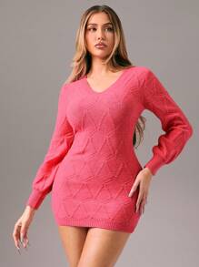 Zolique Autumn/Winter New Dark Pink Women Sweater Dress, Jacquard Patterns V-Neck Slim Fit Sexy Knitted Dress New Years Club Holiday Party Outfits Women Fall Cloth For Women - Pink - View 1