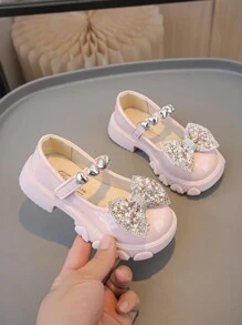 新款春秋季女童皮鞋公主裙鞋幼儿园蕾丝珍珠蝴蝶结幼儿芭蕾平底鞋 - 粉色 - 查看 3