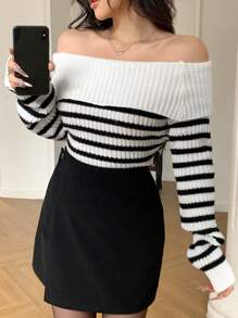 SHEIN MOD Damen Bluse mit Carmen-Ausschnitt, Langarm, gestreift, für den täglichen Gebrauch - Weiss - Übersicht 3