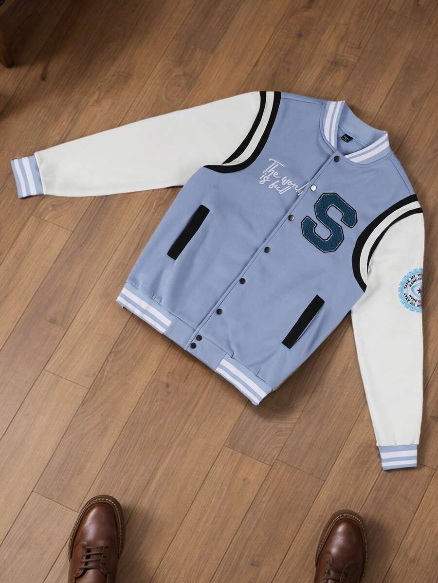 Manfinity Roghcode 男士秋季字母印花长袖拼色休闲宽松棒球夹克，外出街头穿字母棒球拼色夹克，送给朋友、丈夫、男朋友的礼物 - 彩色 - 查看 1