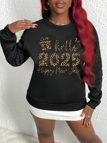 Slaydiva 新年快乐！2025 豹纹英文字母和数字图案休闲简约图案圆领宽松女式运动衫，秋冬