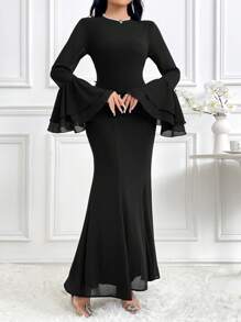 Modelyn Đầm dạ hội dài tay cổ tròn màu trơn cho nữ - màu đen - Xem 7