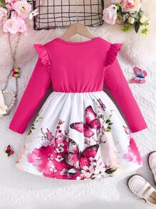 Vestido azul de manga larga con estampado de mariposas y flores, estilo elegante de princesa, para otoño/invierno - Rosa Fucsia - Ver 2
