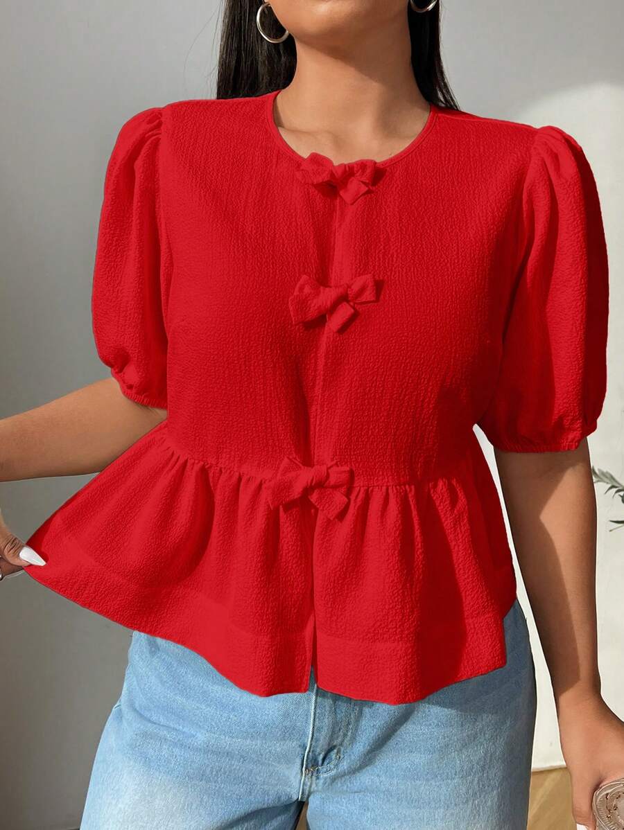 Solflare 情人节加大码复古衬衫，彼得潘领，蝴蝶结，泡泡袖，腰带 - 紅色 - 查看 1