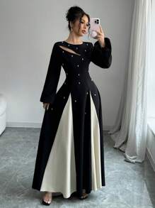 Modelyn Đầm Maxi Dài Dáng Chữ A Khoét Hở Hai Tông Màu Thanh Lịch Cho Nữ Đầm Dạ Hội Dài - màu đen - Xem 3