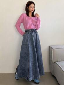 DAZY 女士A字牛仔裙，纯色休闲时尚，适合日常穿着 - 中等水洗藍 - 查看 5