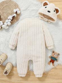SHEIN Conjunto de pelele con capucha y gorro de crema esponjoso para recién nacido niña, otoño/invierno