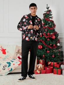 Manfinity VCAY Áo thun rộng rãi hở vai họa tiết ông già Noel dành cho cả nam và nữ, thích hợp cho dịp Giáng sinh - màu đen - Xem 5