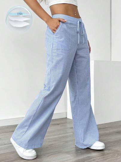 Zielony Pantalones sueltos para mujer con rayas azules de tiro bajo para vacaciones y uso informal