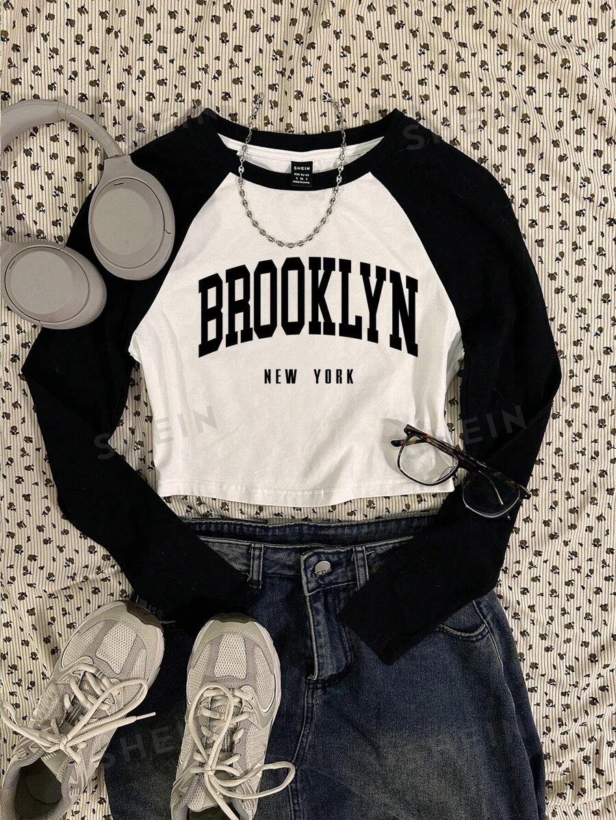 Attitoon Camiseta de manga larga ajustada de cuello redondo con estampado de Brooklyn y contraste de colores, adecuada para primavera y otoño