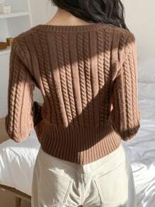 DAZY Women's V-Neck Short Cable Knit Pullover Sweater,Fall Clothes - Chocolate Brown - View 5
