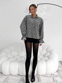 SHEIN Essnce Women's Button Front Long Sleeve Casual Shirt With Heart Detail, Minimalist Design - Dark Grey - View 6