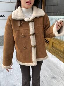 SHEIN MOD 女士休闲羊毛翻领前扣长袖常规夹克，冬季