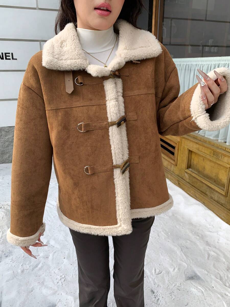 SHEIN MOD 女士休闲羊毛翻领前扣长袖常规夹克，冬季