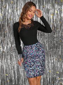 SHEIN Clasi Falda mini simple para mujer con decoración de lentejuelas, ropa casual de resort - Azul - Ver 6