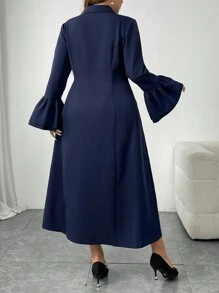 Mulvari Plus Size Solid Color Front Button Long Sleeve Flat Collar Minimalist Casual Short Dress,Graduation Dress - Navy Blue - View 2