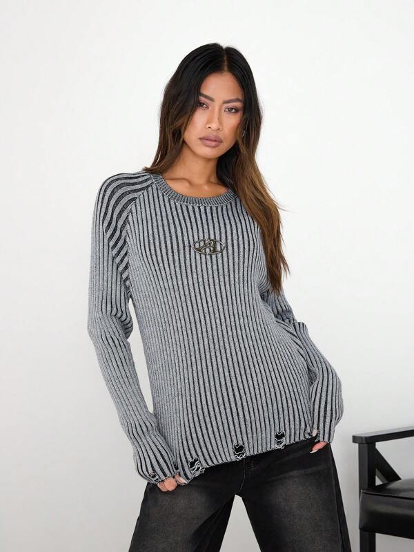 Manfinity Unisex Pulover pentru bărbați, cu litere în dungi, cu decor subțire, cu gât, potrivit pentru anotimpurile de toamnă și iarnă
