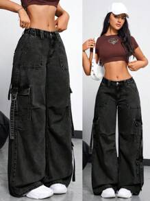 SHEIN EZwear Damen Lässig Weite Bein Cargo Jeans mit Wasserwäsche