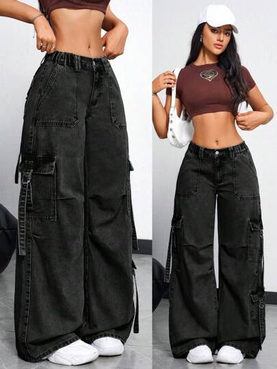 SHEIN EZwear Women's Casual Water Wash Wide Leg Cargo Jeans