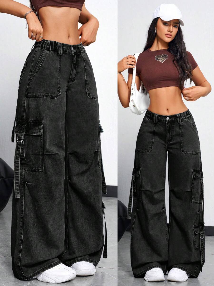 SHEIN EZwear Damen Lässig Weite Bein Cargo Jeans mit Wasserwäsche