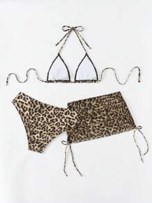 Swim Vcay Bộ 3 đồ bơi bikini họa tiết da báo cho nữ, váy lưới tam giác, buộc dây bên hông, đồ bơi mùa hè - Nhiều màu - Xem 5