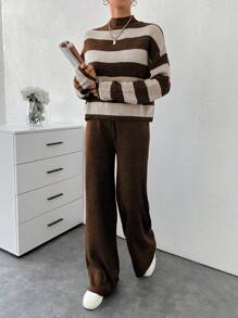 SHEIN Cottnline Women Stripe Pattern Mock Neck Pullover & Sweater Pants Set - Multicolor - View 6