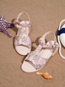 Cute Casual & Fashion Embroidered Breathable Lightweight Rope Platform Round Toe Flat Sandals For Girls