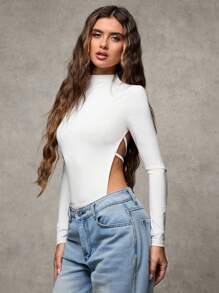 SHEIN BAE Women's Autumn Simple Versatile Tight Backless High Collar Bodysuit, Suitable For Casual, Dating And Everyday Wear