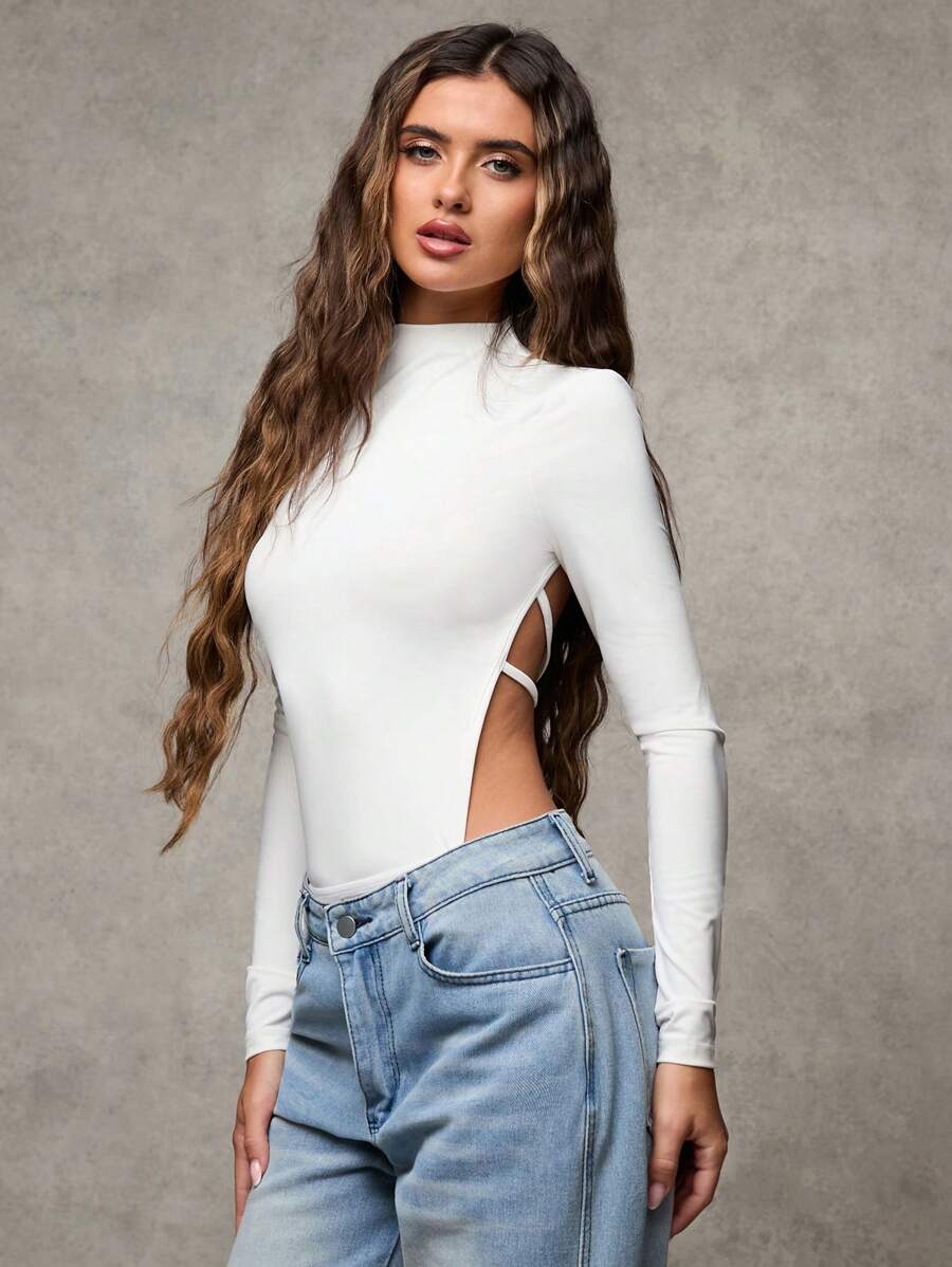 SHEIN BAE Women's Autumn Simple Versatile Tight Backless High Collar Bodysuit, Suitable For Casual, Dating And Everyday Wear