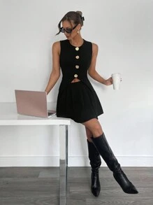 SHEIN Essnce Women Solid Color Front Button Sleeveless Vest And Skirt Suit Set, Minimalist Style - Black - View 7