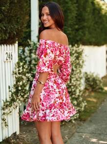 SHEIN VCAY Floral Print Off Shoulder Lantern Sleeve Crop Top & Ruffle Hem Skirt - Pink - View 2