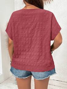 SHEIN VCAY Plus Size Bat Sleeve Textured Round Neck Casual Shirt - Pink - View 2