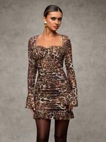 SHEIN BAE Women's Sexy Solid/Leopard Print Long Sleeve Bodycon Mini Dress, Suitable For Romantic Date, Party, Formal Gathering, Night Out, Bridesmaid Dress, Halloween, Christmas, Birthday, Autumn/Winter